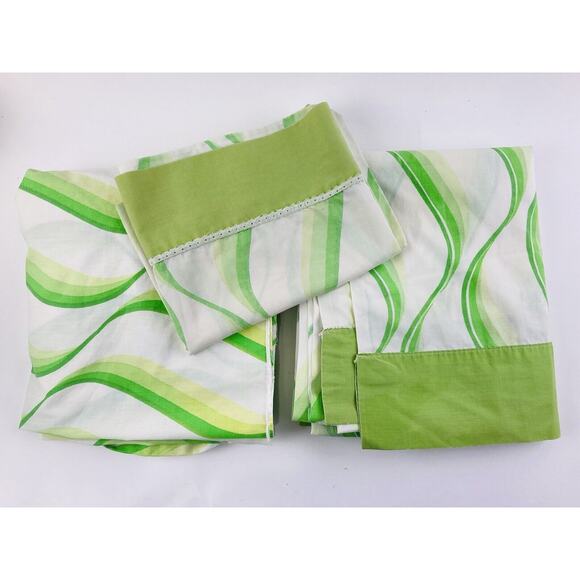 Vintage 1970s Dan River Percale Tranquale Green Wavy Sheet Set Flat Pillowcase - Picture 3 of 10